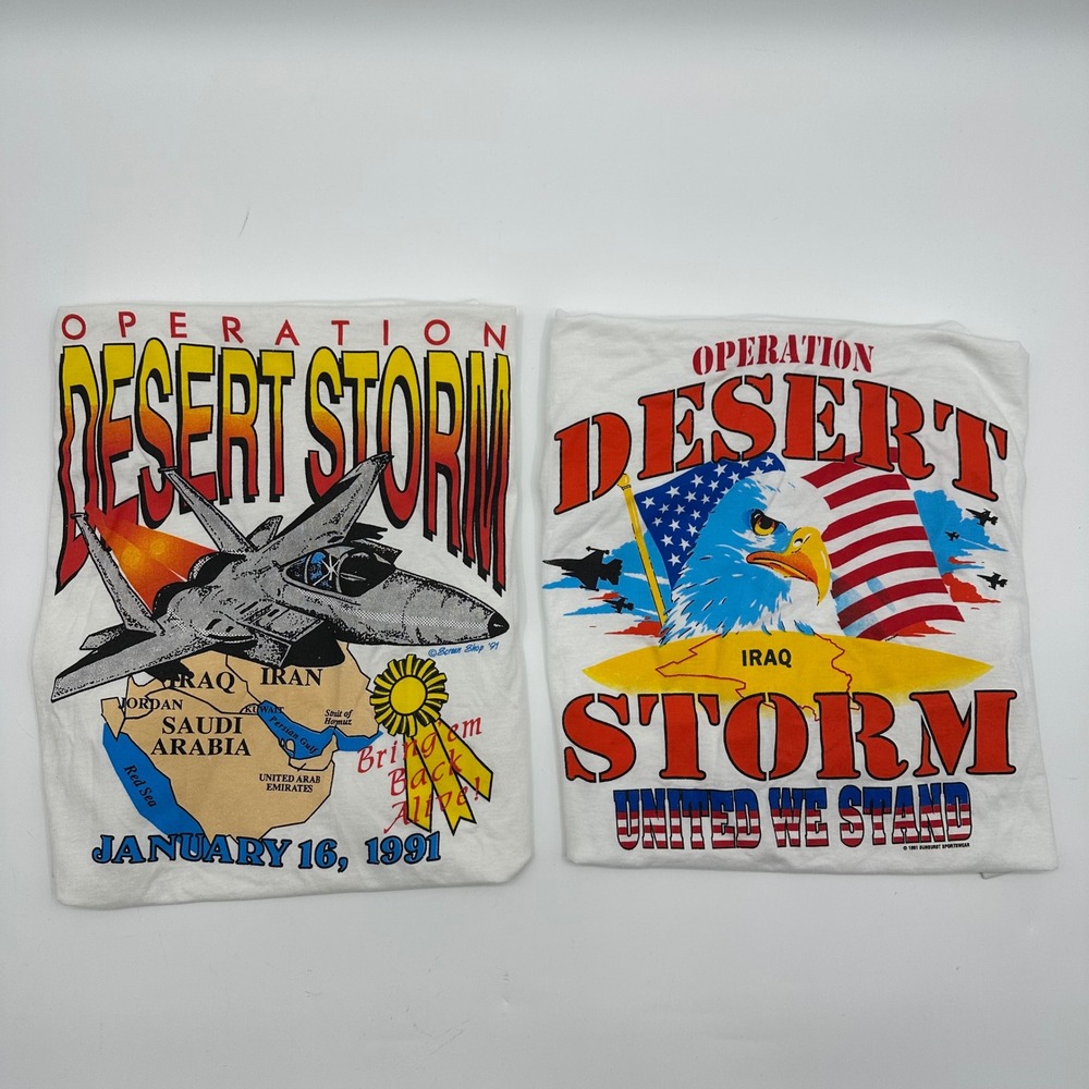 Lot 2 VTG 1991 Operation Desert Storm T Shirt Screen Stars XL White Jet Made USA